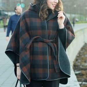 COACH BROWN WOOL PLAID HOODED CAPE PONCHO